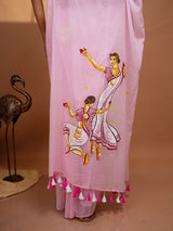 Baby Pink Hand Painted Mul Cotton Saree