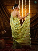 Pista Green Golden Zari Stripped Mul Cotton Saree