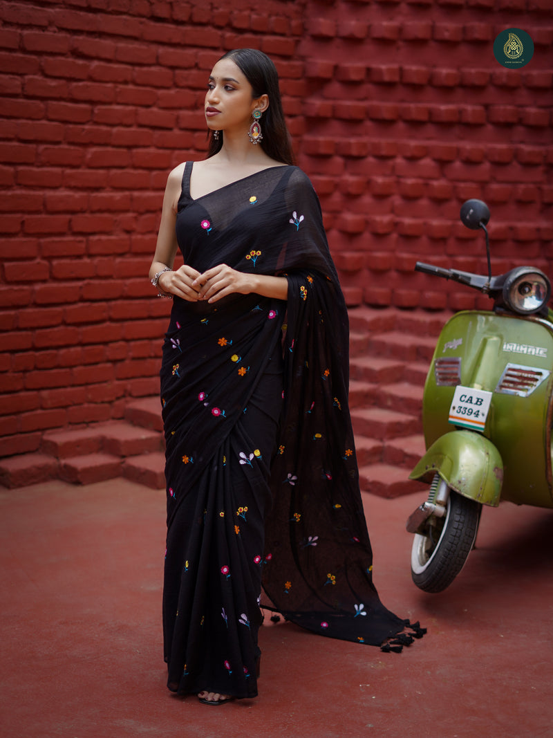 Coal Black Mul Mul Cotton Solid Saree