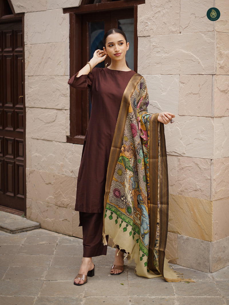 Umber Brown Silk Kurta & Bottom Suit ( 3 Piece Set )