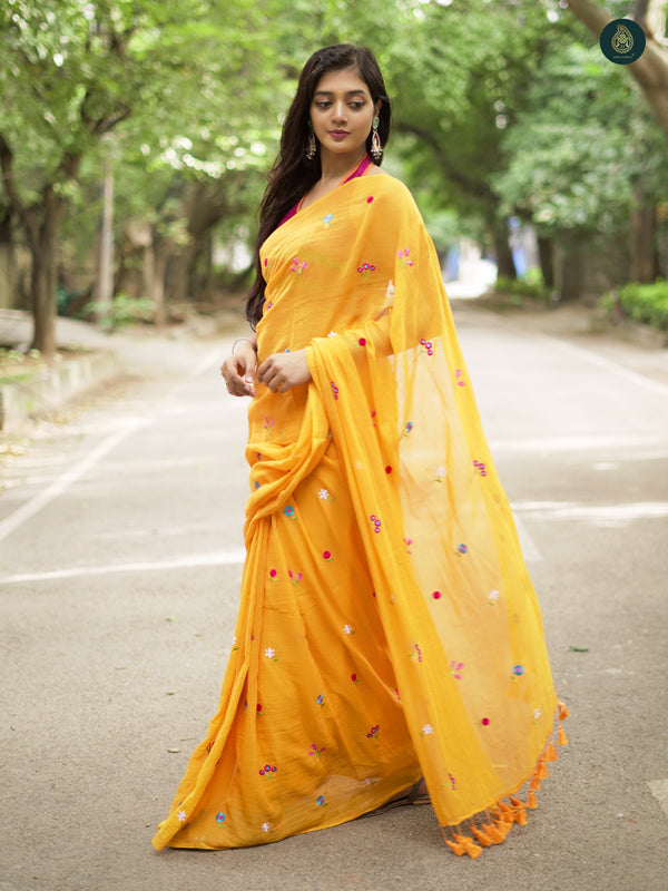 Tuscan Yellow Mul Mul Cotton Solid Saree