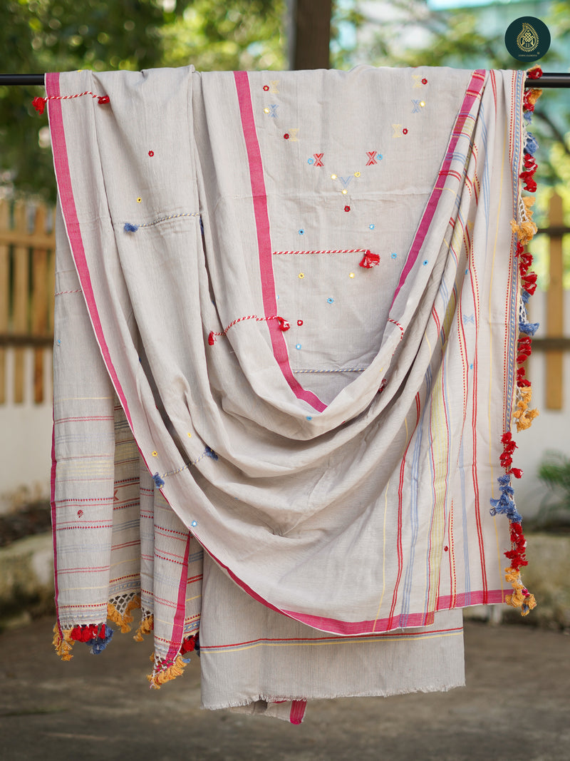 Handloom Bhujodi Kala Cotton Suit- Pearl White