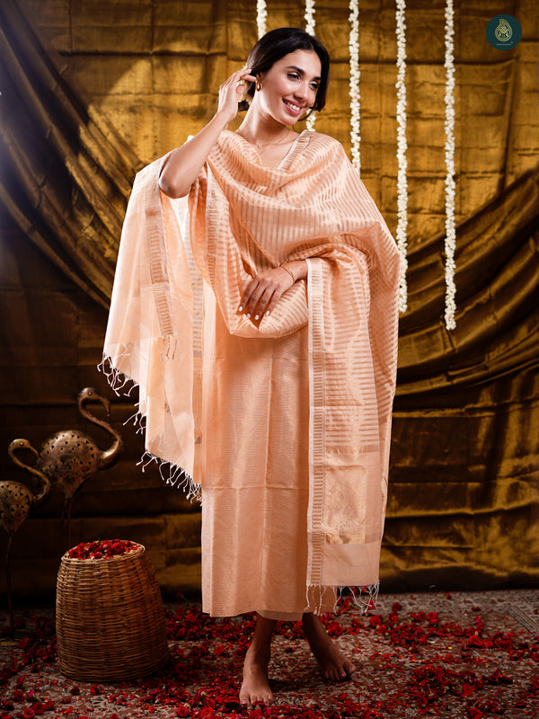 Tissue Maheswari Silk Unstitched 2pcs Suit Set- Peach