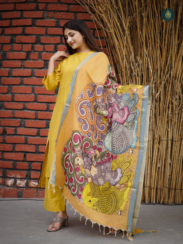 Bumblebee Yellow Silk Kurta & Bottom Stitched Suit ( 3 Piece Set )