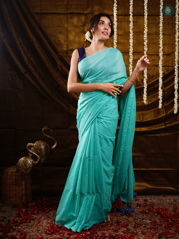 Oxfo Blue Sequin Mul Cotton Saree