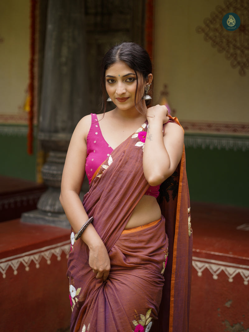 Dirt Mauve Mul Mul Cotton Embroidered Saree