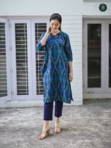 Uzbek Ikkat Blue Kurta & Bottom Stitched Suit ( 2 Piece Set )