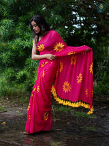 Mul Cotton Handpainted Saree - Charmed Pink Sunflower