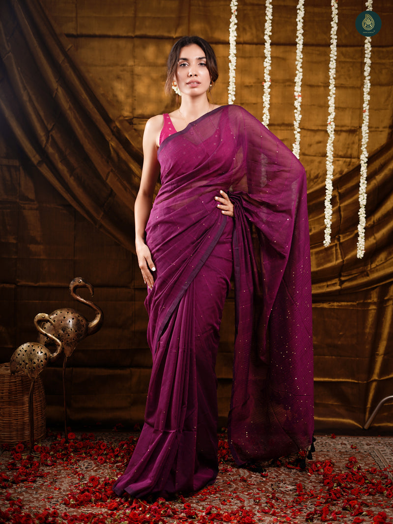 Orchid Purple Sequin Mul Cotton Saree