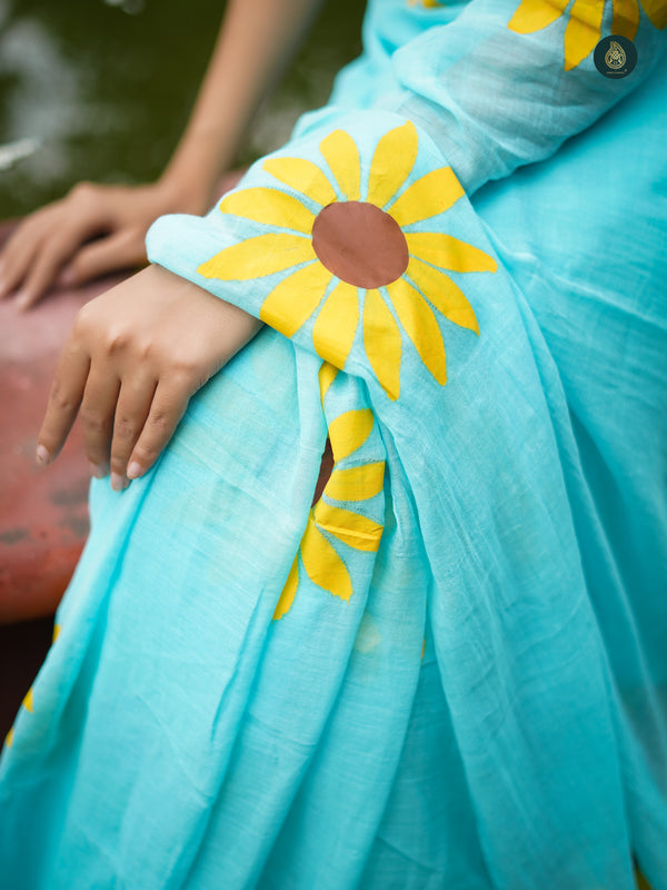 Mul Cotton Handpainted Saree - Baby Blue Sunflower