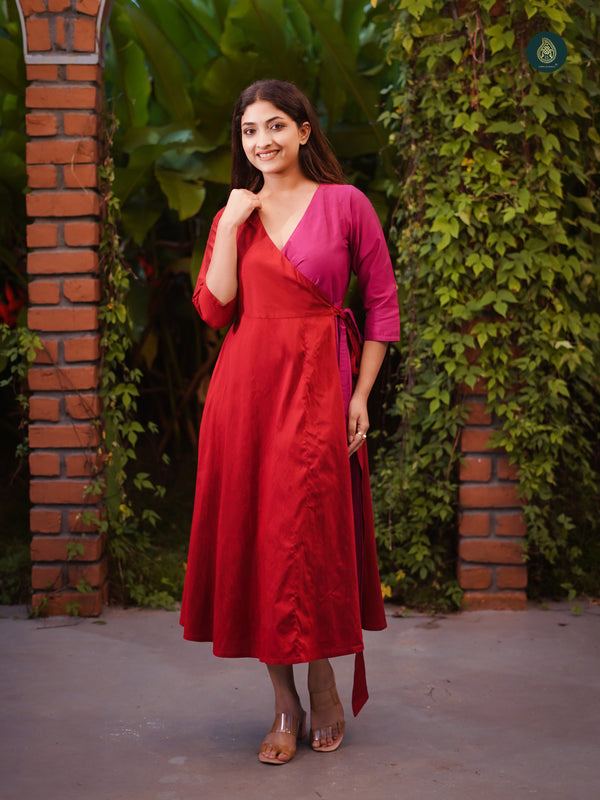 Stitched Suit Cotton Silk Dress Red & Pink Color Block