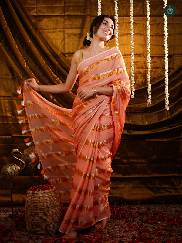 Candy Pink Golden Zari Stripped Mul Cotton Saree