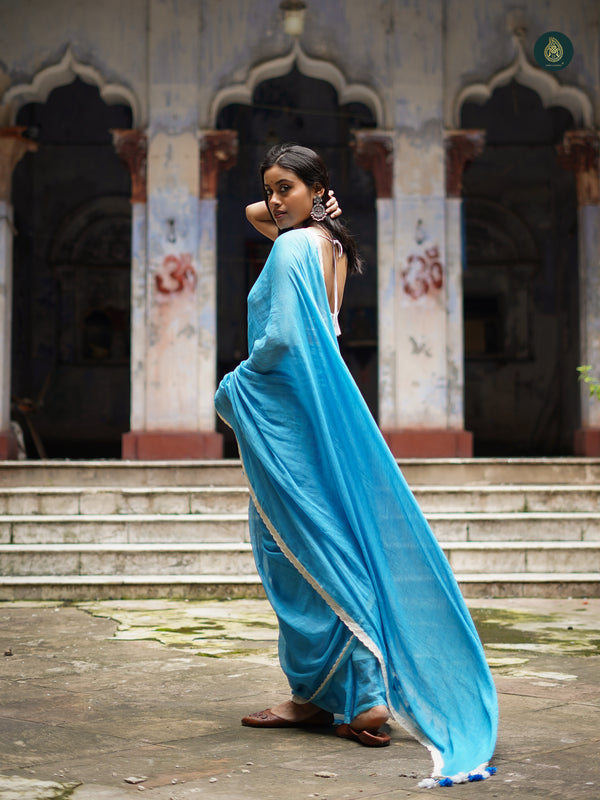 Arctic Blue Saadgi Mul Cotton Solid Saree