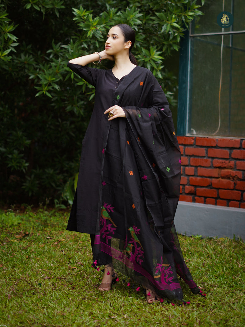 Sable Black Silk Kurta & Bottom Suit ( 3 Piece Set )