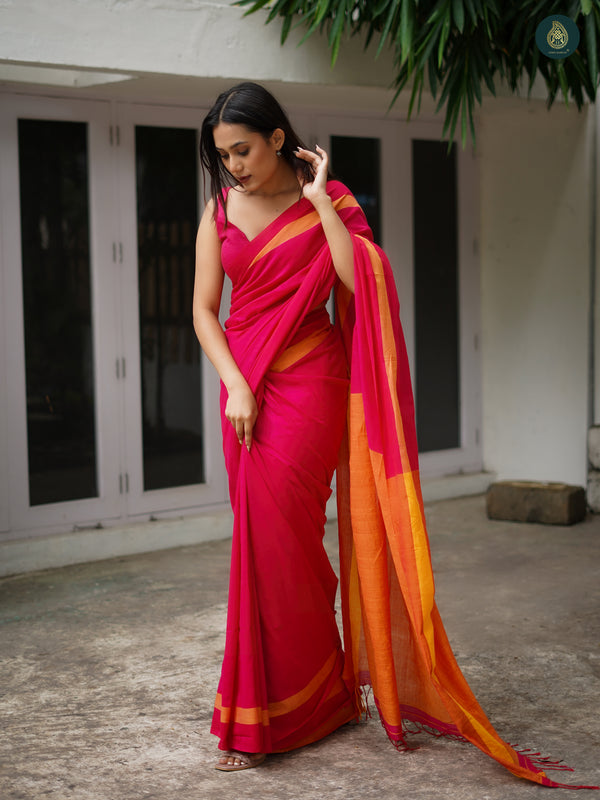 Solid Mul Cotton Saree - Sunrise Red