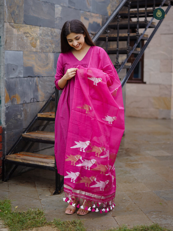 Stitched Cotton Silk Kurta, Bottom & Duppata Magenta Pink (3 Piece Set )