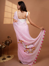 Baby Pink Hand Painted Mul Cotton Saree