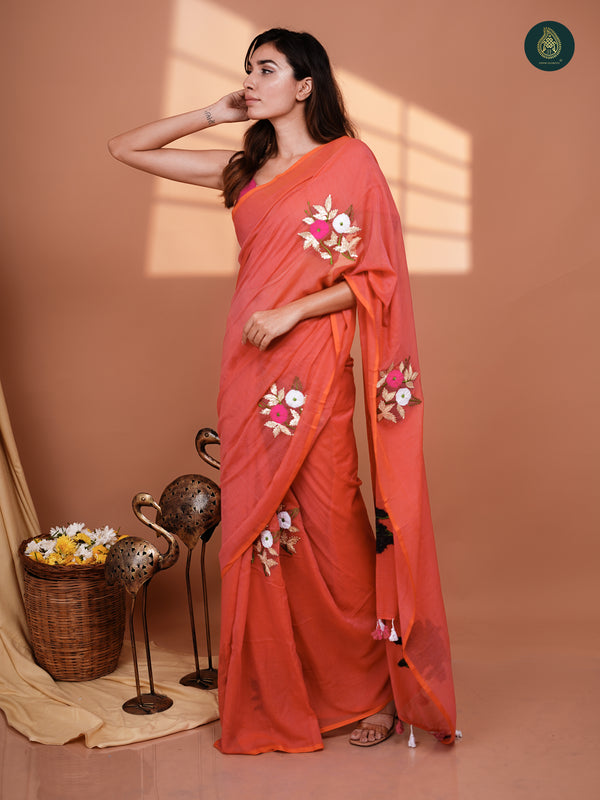 Coral Pink Mul Mul Cotton Embroidered Saree