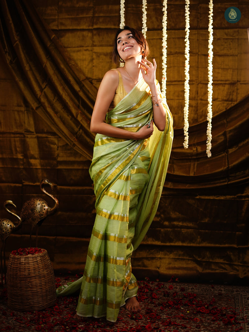 Pista Green Golden Zari Stripped Mul Cotton Saree