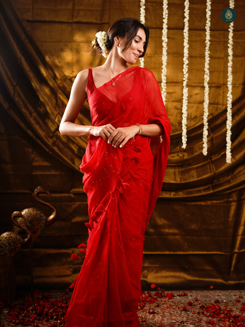 Charm Red Sequin Mul Cotton Saree