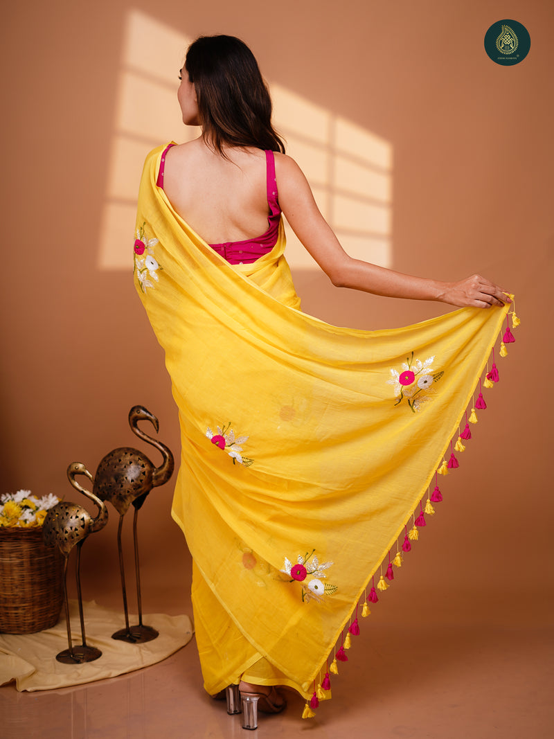 Paradise Yelow Mul Mul Cotton Embroidered Saree