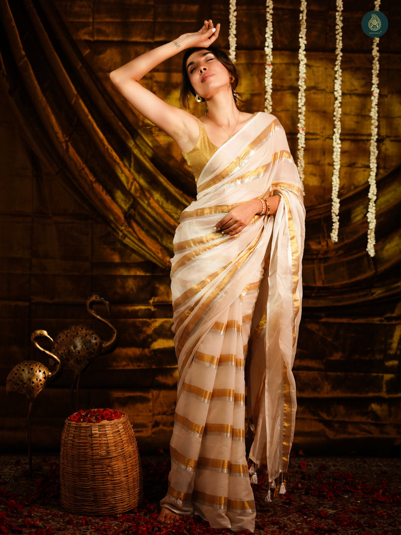 Milky White Golden Zari Stripped Mul Cotton Saree