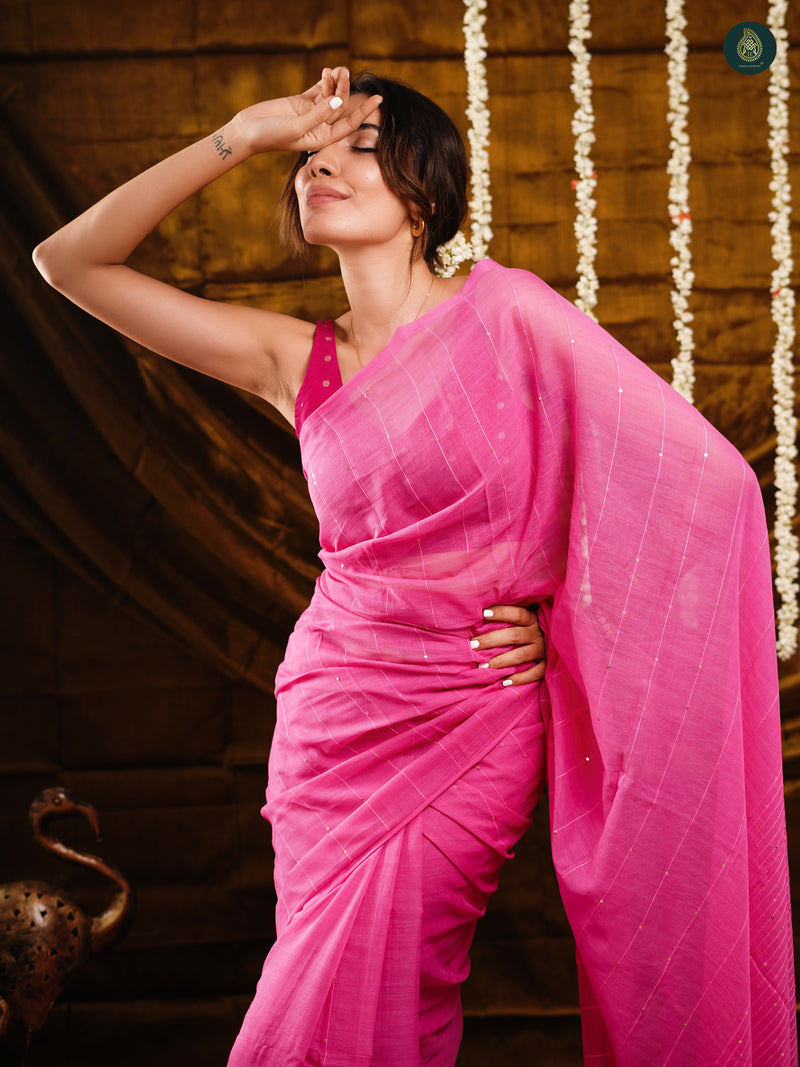 Sweetie Pink Sequin Mul Cotton Saree