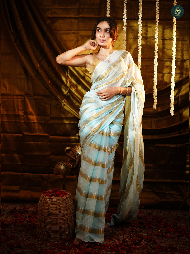 Ice Blue Golden Zari Stripped Mul Cotton Saree