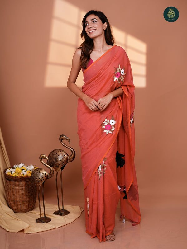 Coral Pink Mul Mul Cotton Embroidered Saree