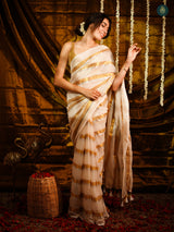 Milky White Golden Zari Stripped Mul Cotton Saree