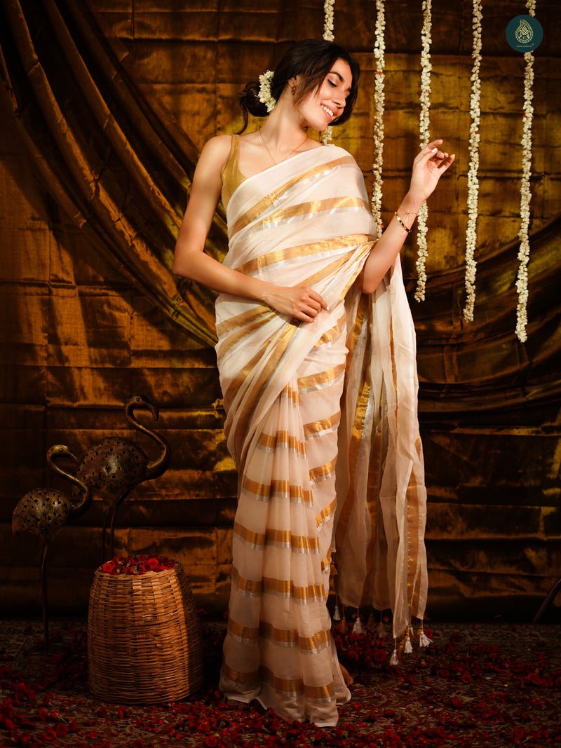 Milky White Golden Zari Stripped Mul Cotton Saree