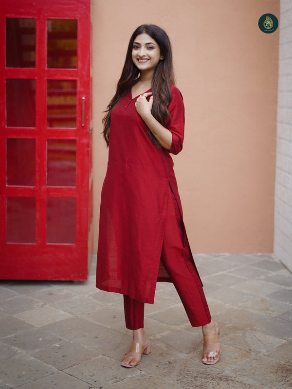 Stitched Suit Cotton Silk Kurta & Bottom Crimson Red ( 2 Piece Set )