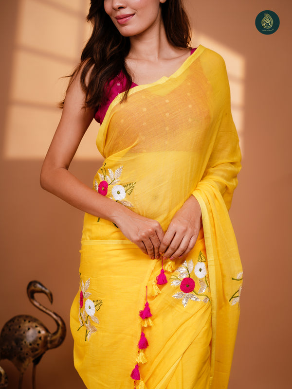 Paradise Yelow Mul Mul Cotton Embroidered Saree