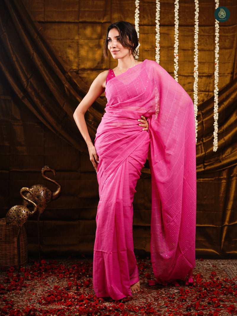 Sweetie Pink Sequin Mul Cotton Saree