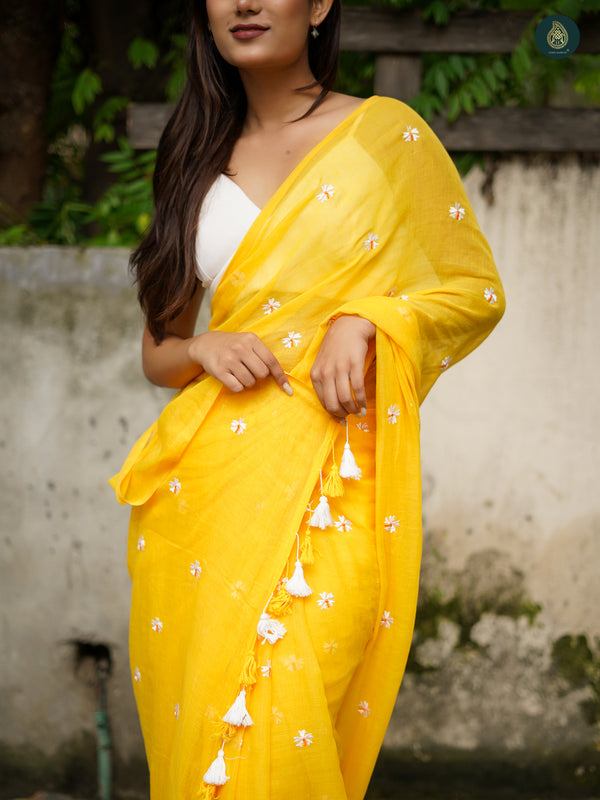 Mul Cotton Embroidered Saree - Shiuli Yellow