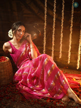 Fusain Pink Golden Zari Stripped Mul Cotton Saree