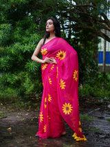 Mul Cotton Handpainted Saree - Charmed Pink Sunflower