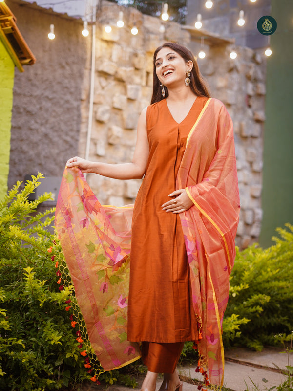 Metallic Orange Silk Kurta & Bottom Suit ( 3 Piece Set )