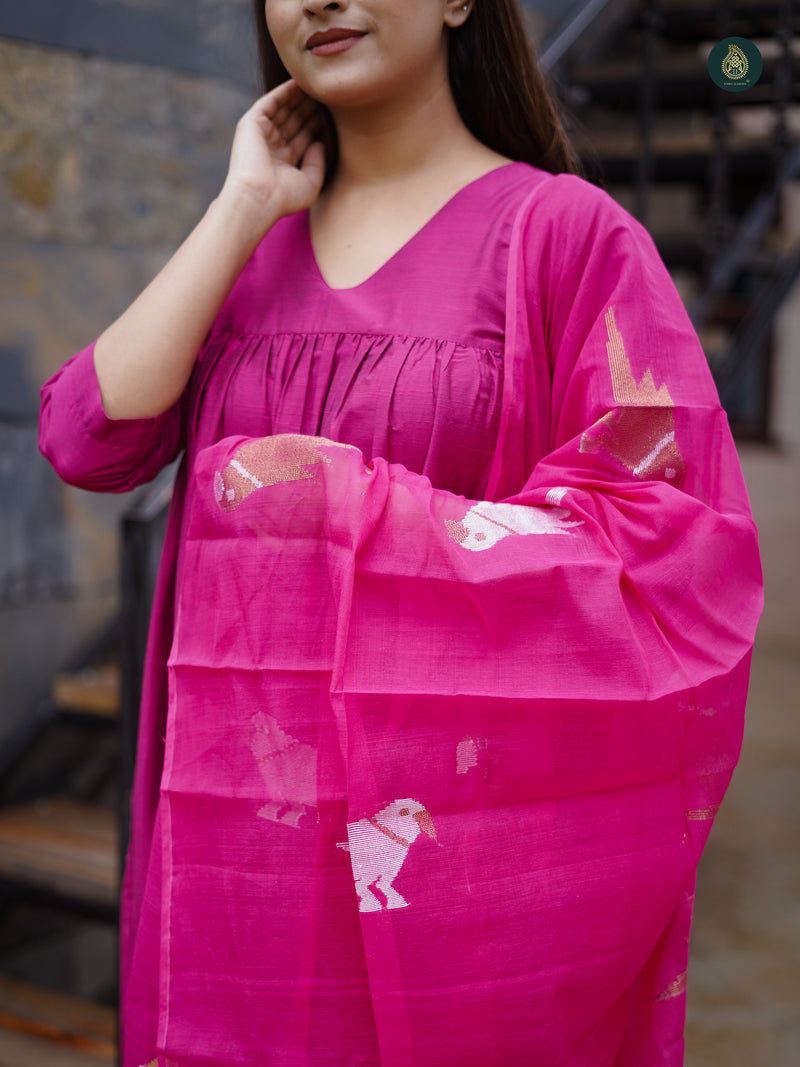 Magenta Pink Silk Kurta & Bottom Suit ( 3 Piece Set )