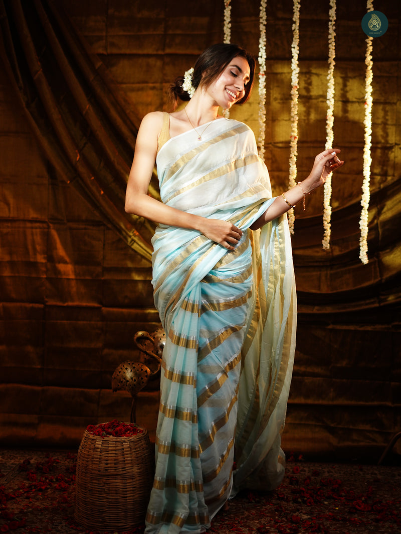 Ice Blue Golden Zari Stripped Mul Cotton Saree