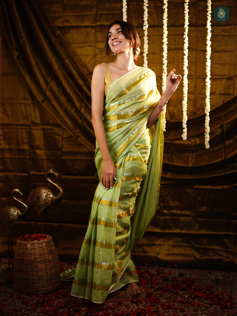 Pista Green Golden Zari Stripped Mul Cotton Saree