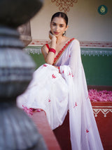 Bengal Pujo Embroidered Snow White Red Saree