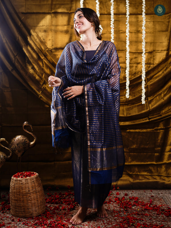 Tissue Maheswari Silk Unstitched 2pcs Suit Set- Royal Blue