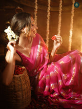 Fusain Pink Golden Zari Stripped Mul Cotton Saree