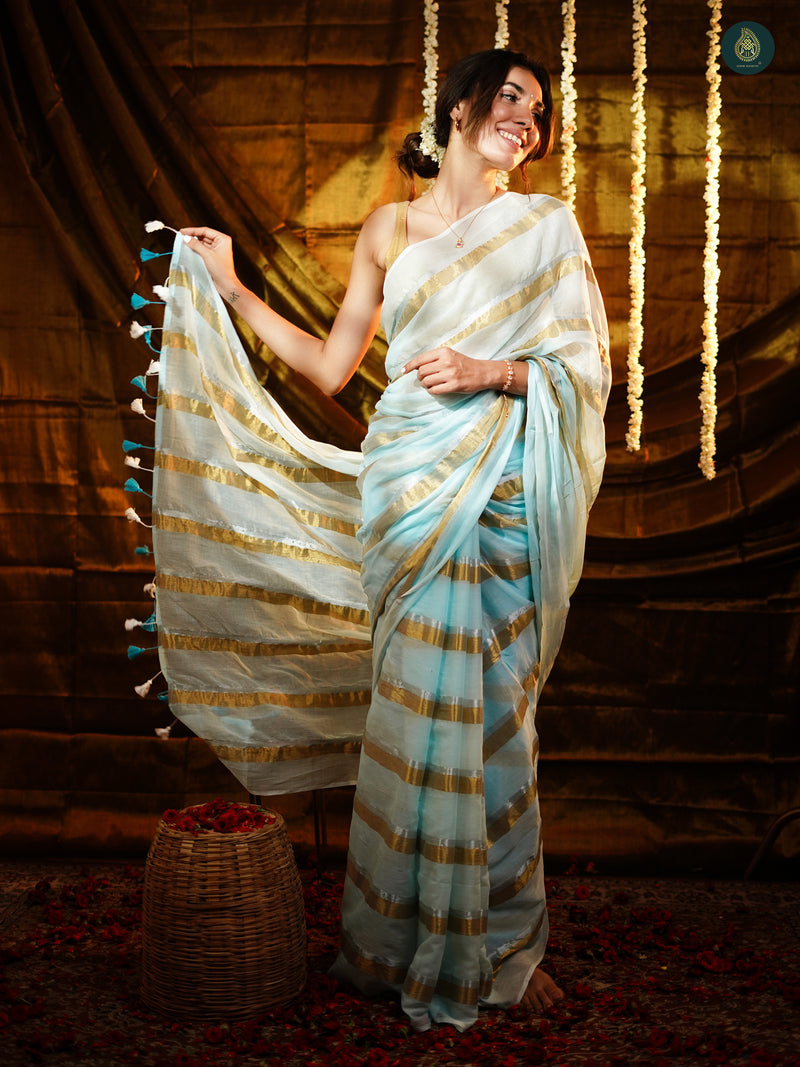 Ice Blue Golden Zari Stripped Mul Cotton Saree