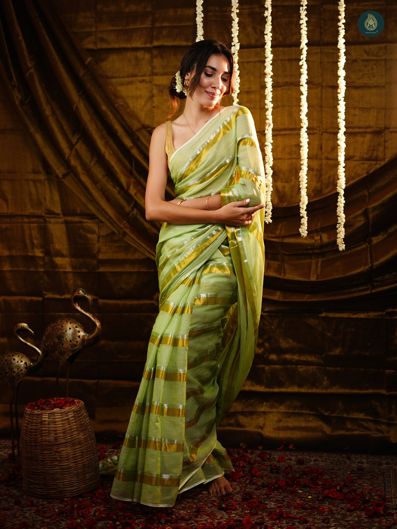 Pista Green Golden Zari Stripped Mul Cotton Saree