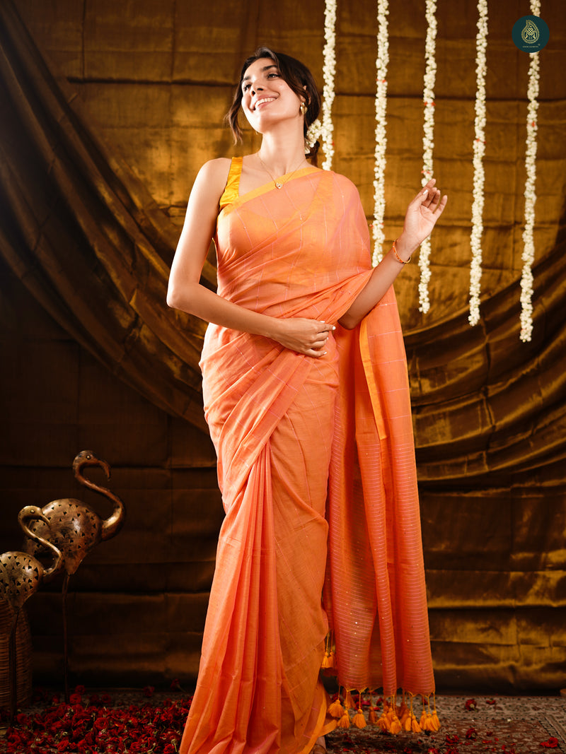 Apricot Orange Sequin Mul Cotton Saree