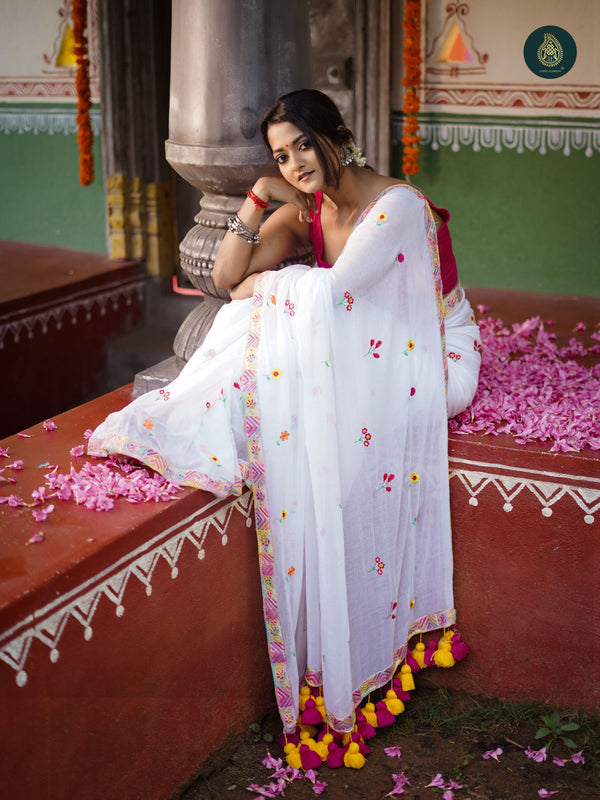 Bengal Pujo Embroidered White Red Saree