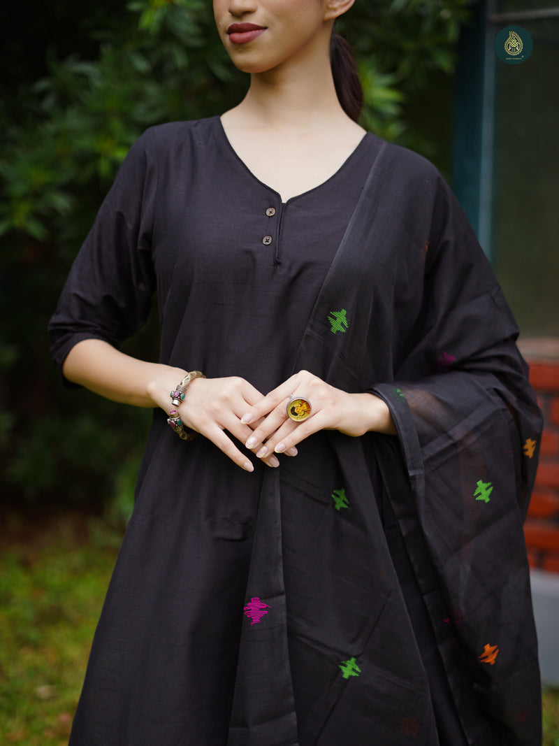 Sable Black Silk Kurta & Bottom Suit ( 3 Piece Set )