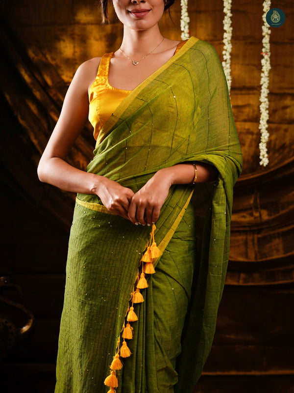 Juniper Green Sequin Mul Cotton Saree